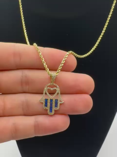Hand of Fatima with White and Blue Stones Rope Chain
